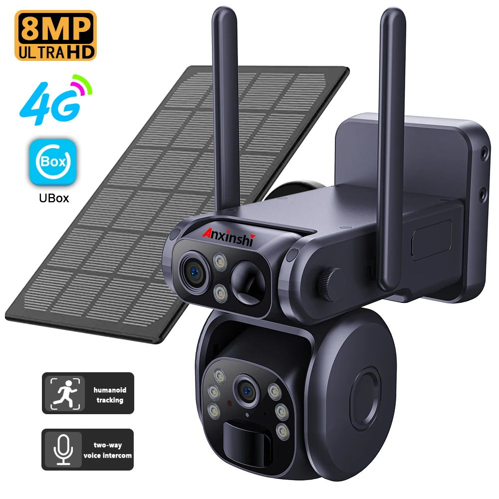 

Anxinshi Brand Ubox App Dual Lens 4G Wifi Solar Powered PTZ Camera With PIR AI Human Detection Solar Battery Camera