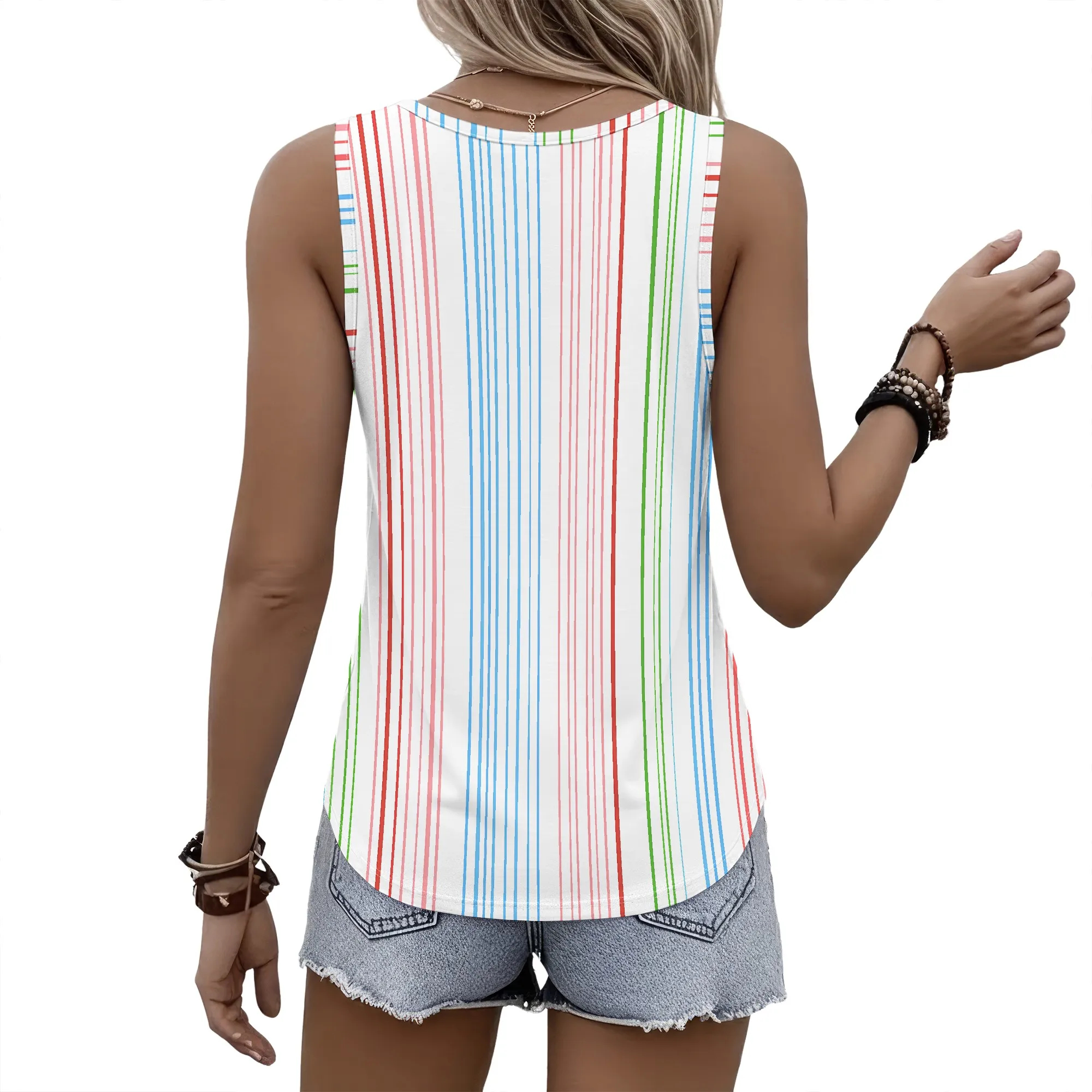 Striped Sleeveless Top, Colorful Vertical Lines Tank Top, Summer Casual Blouse, Women's Loose Fit Shirt, S-2XL