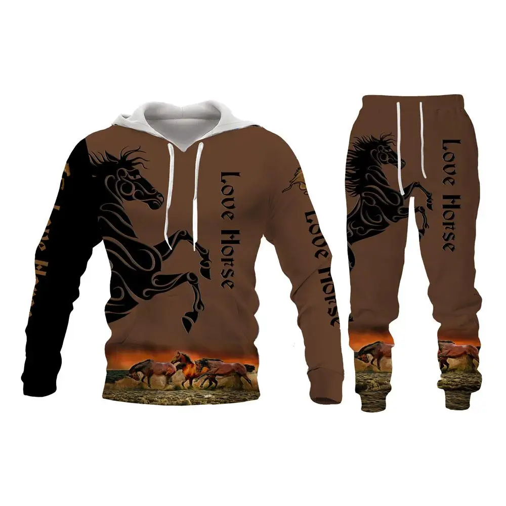 Men's sports suit featuring 3D hoodie Adorned with of horse and animal,funny street jacket with hoodie/zipper,long-sleeved sets