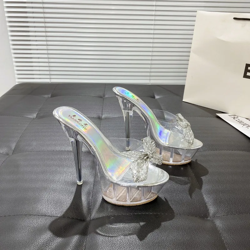 2024 Summer Transparent Crystal Shoes Women\'s Platform Fashion New Slippers 15CM Ultra High Heels Sandals Rhinestone Bow Pumps