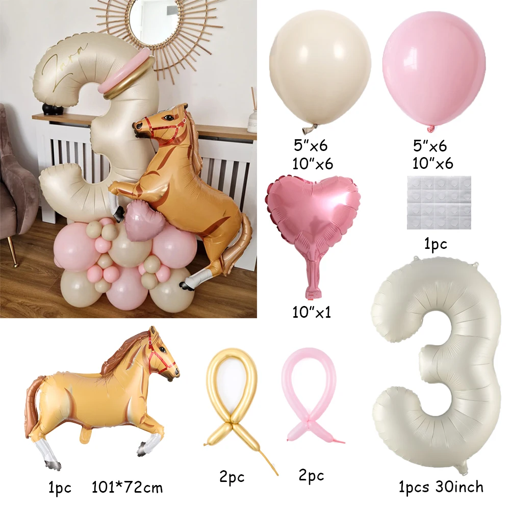 32Pcs Large Racing Horse Themed Balloon Set with 30inch 0-9 Cream Number Balloon for Kids Birthday Western Cowboy Party Supplies