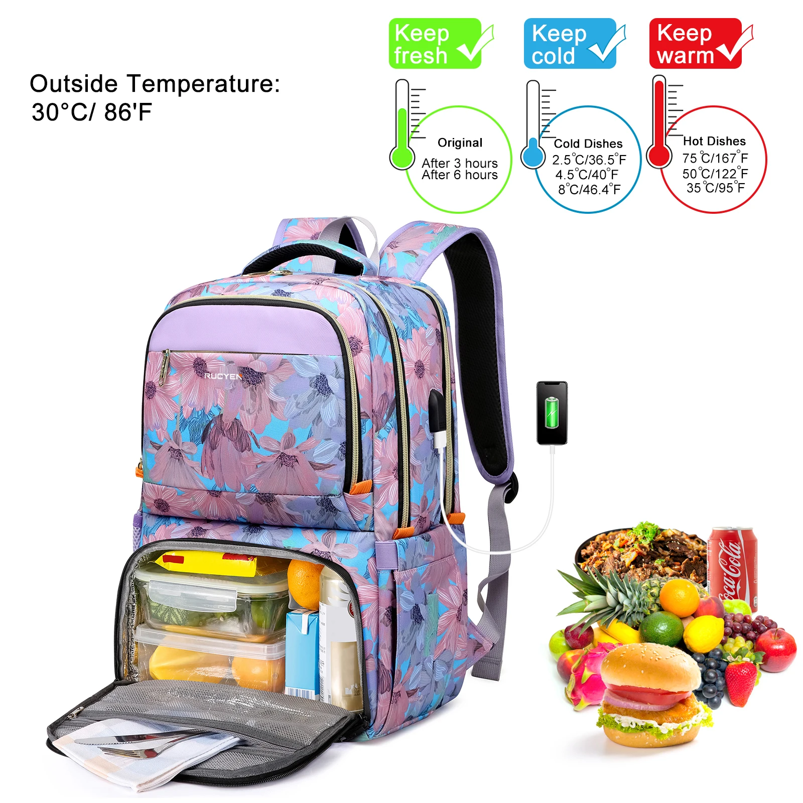 Lunch Backpack Insulated Cooler Picnic Bag Women\'s Camping Backpack Lunch Box with USB Port 15.6 Inch Laptop Waterproof Backpack