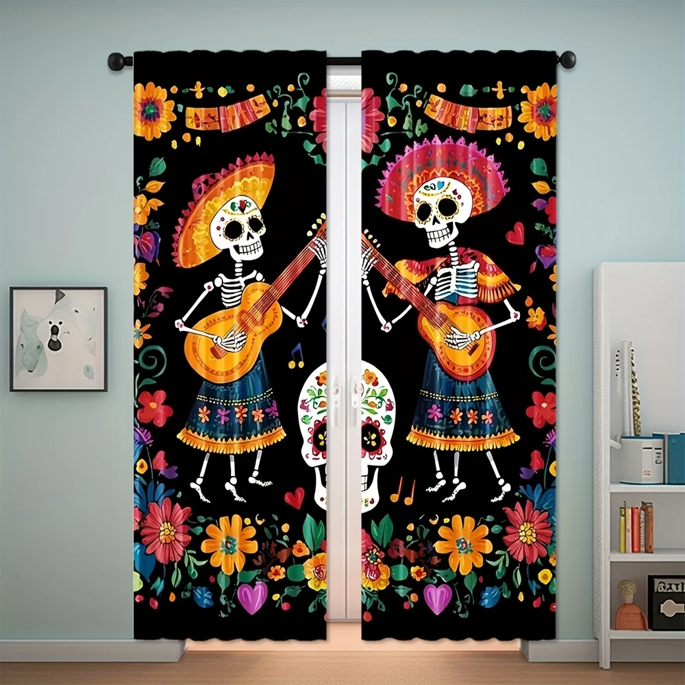 2PCS Digital Print Curtains, Sugar Skull Floral, Day of the Dead