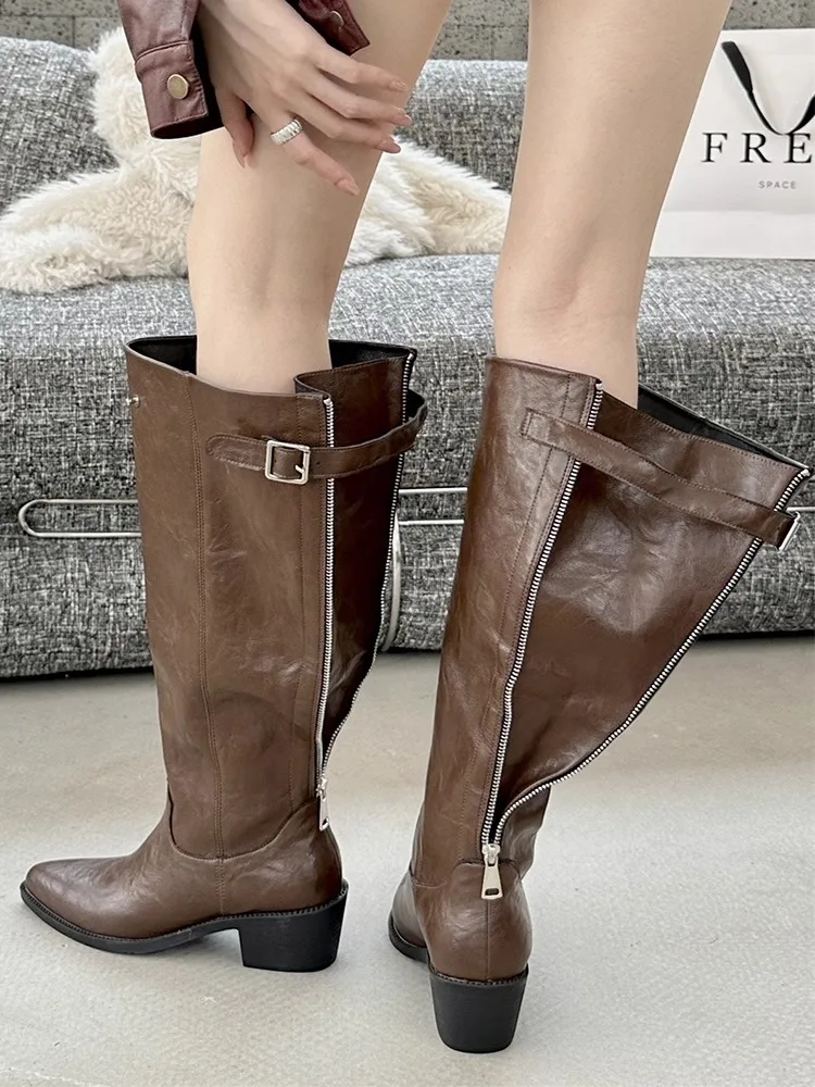 

Женские ковбойские ботинки на молнии сзади, с острым носком, на толстом каблуке