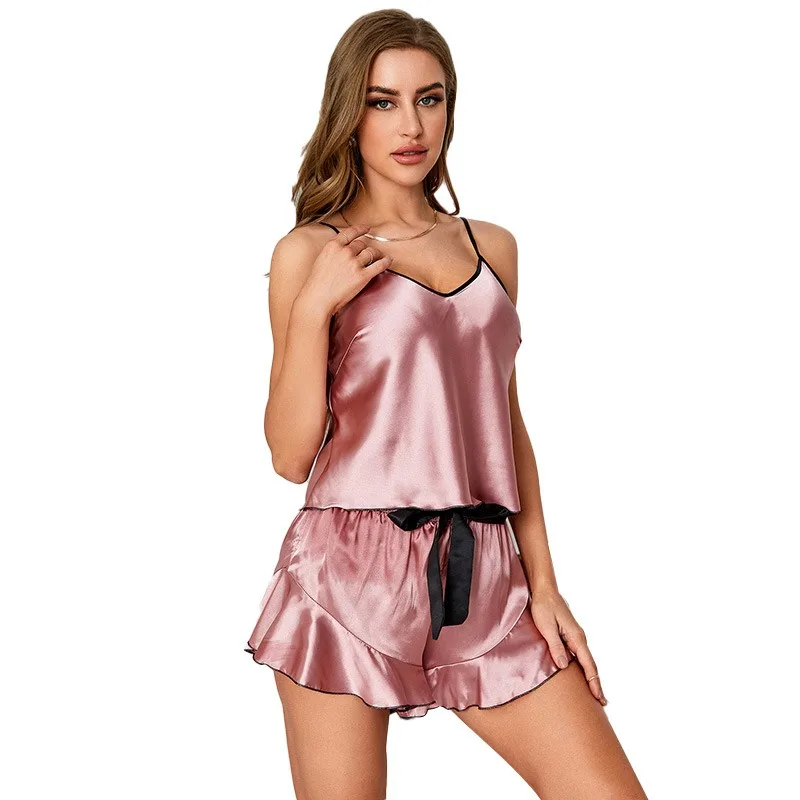 Pajama Women Summer Silk Ice Silk Sexy Halter Shorts Two-piece Simulation Silk Thin Home Wear High-ranking Cool and Refreshing