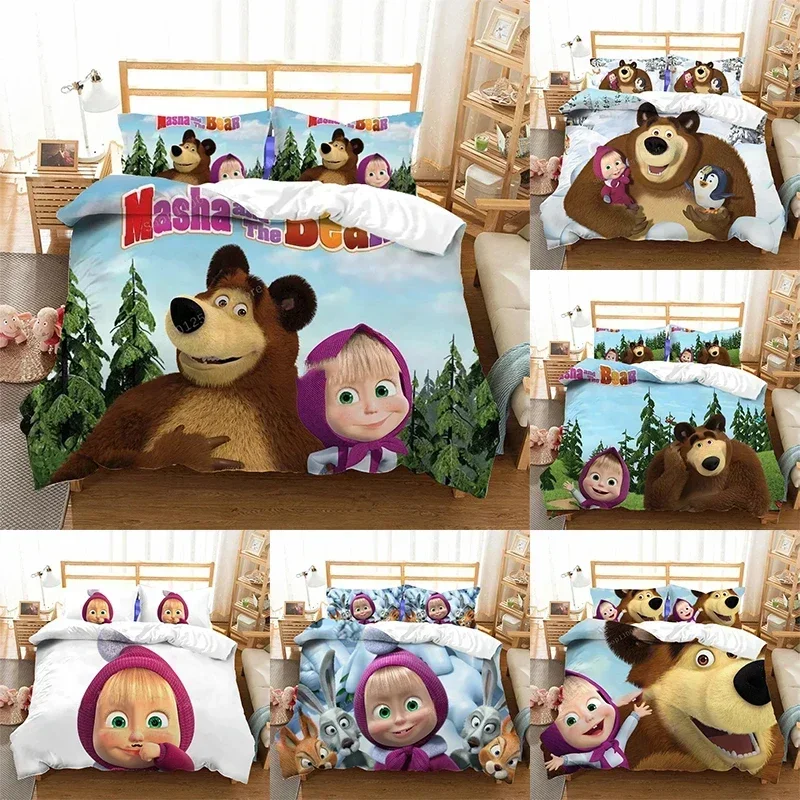

Masha and The Bear Bedding Set Cartoon Quilt Cover with Pillowcase Anime Bedroom DecorDuvet Cover Beddings Suit Kids Xmas Gift