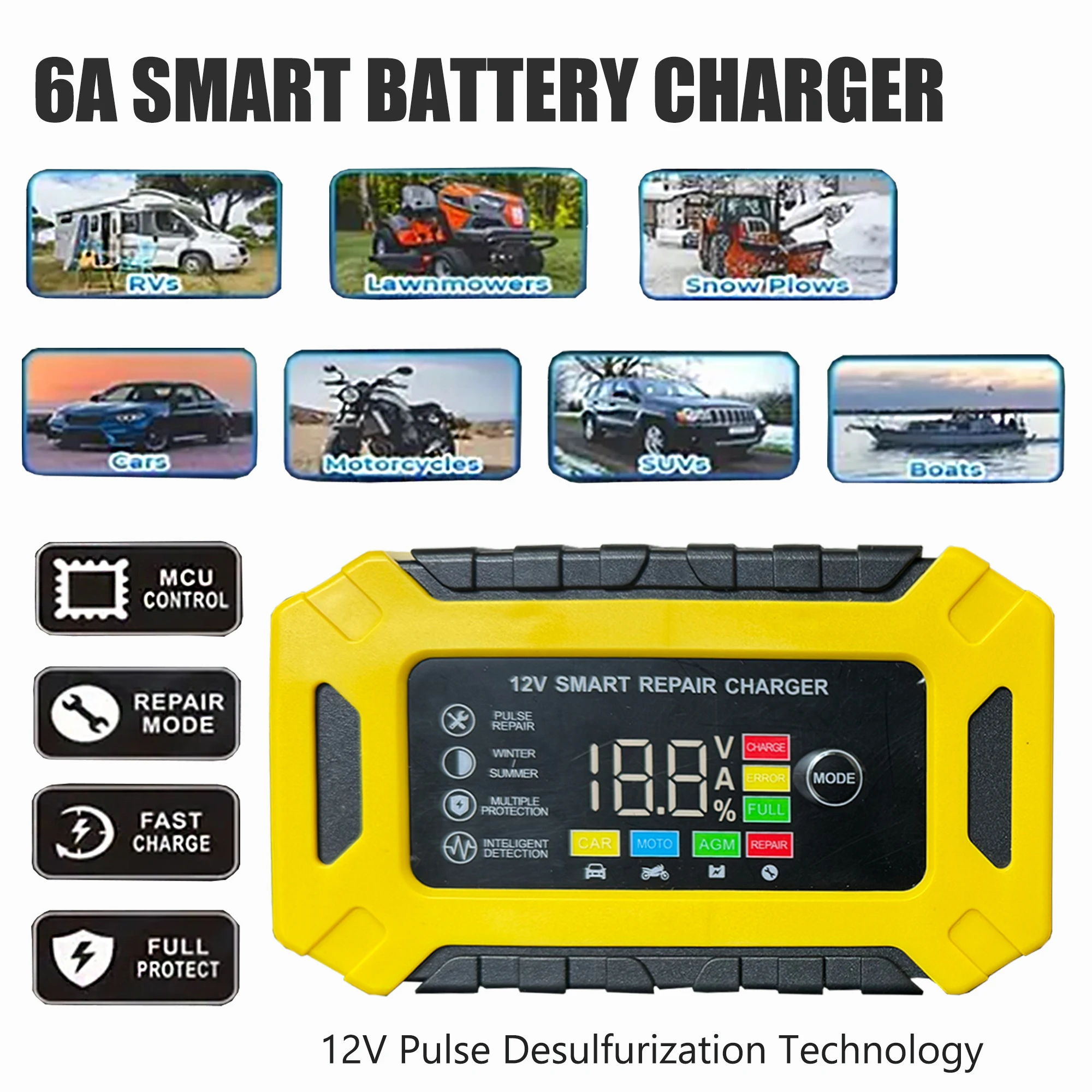 12V 6-Amp Car Battery Trickle Charger,Smart Portable Float Charger for Car, Motorcycle, Lawn Mower - Maintains SLA, AGM, Gel Cel