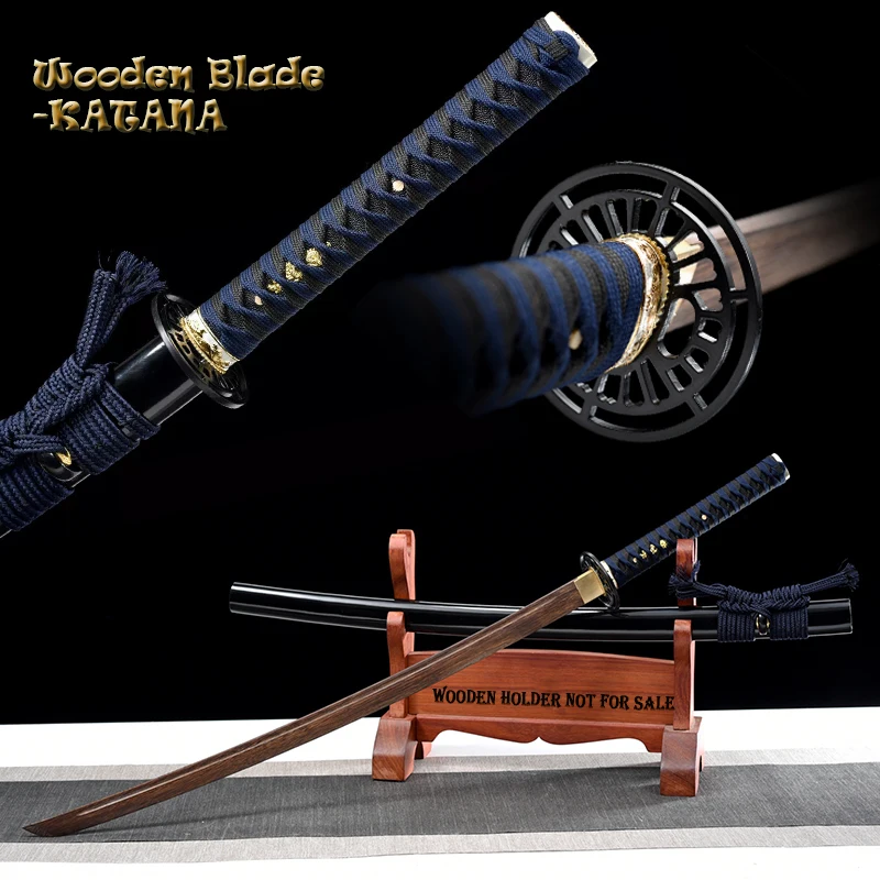 High Quality Wooden Sword, No Sharp Edge,Training Sword, Wood Blade, Bushido Props,Samurai Katana, Blue Cord, Decor