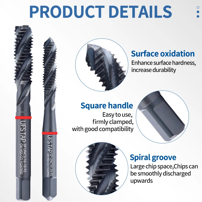 1PCS HSS-CO Red Ring JIS Standard With OX Spiral Fluted Tap UNC UNF 0-90~7/16-20 Machine Screw Thread Tap For Blind Hole Tapping