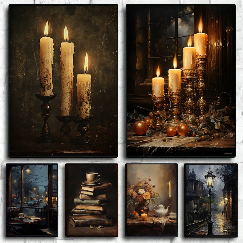Vintage Dark Academia Candles Bookcase Plants Coffee Cup Posters Prints Canvas Painting Wall Art Pictures for Room Home Decor