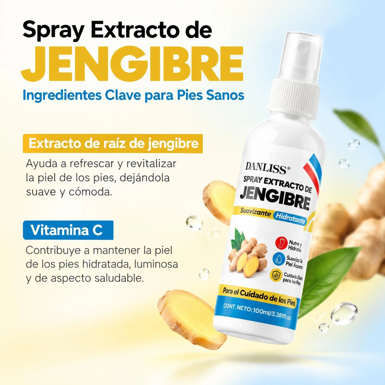 Ginger Extract Foot Spray, Soothing & Hydrating Foot Care Spray, with Ginger Root Extract & Vitamin C, Nourishes & Moisturizes.