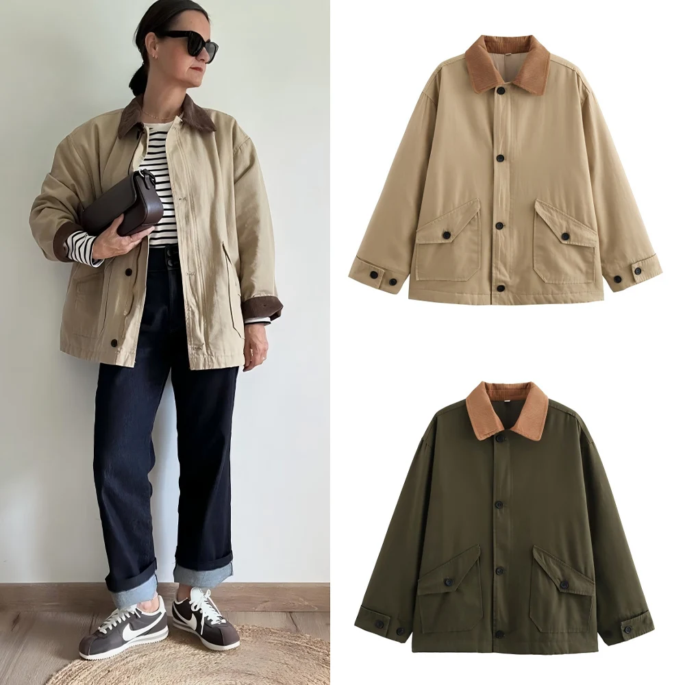 

Women's new fashion flap pocket decoration loose splicing cotton coat retro long sleeved Button-up women's coat chic top