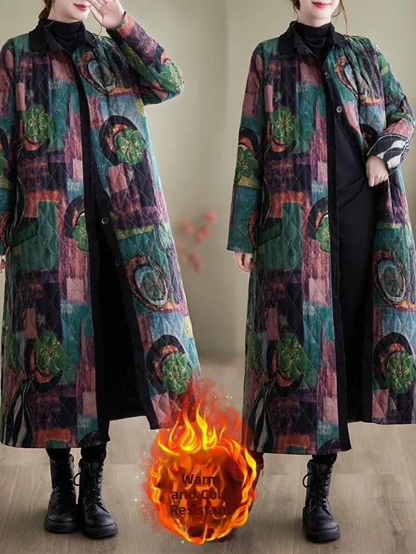

Retro Cotton Jaet Long Sve Printed Ethnic Sle Loose Women's Coat Middle Length Casual Wear for Winter Season