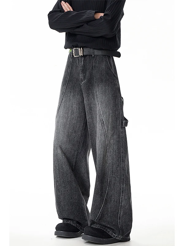 

American High Street Bamboo Texture Men's Jeans Winter Loose Versatile Straight Leg Wide Leg Long Pants Casual Low Waist