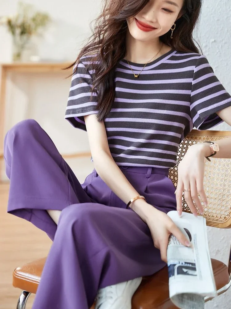 Summer 2024 Stripe Women\'s Top and Pants Two Piece Set Cotton Wide Leg Ladies Trouser Outfit Y2k Streetwear Casual Elegant Cheap