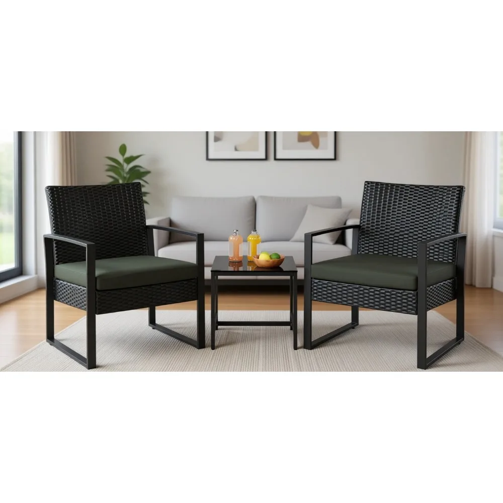 Rattan Bistro Set with Chairs and Tempered Glass Table for Patio, Garden, Balcony, Backyard, Poolside, Black/Gray