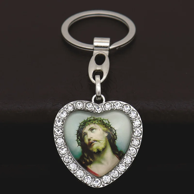 Crystal Heart Cross Jesus Keychain For Women Men Rhinestones Crucifix Key Chain On Bag Car Trinket Catholic Jewelry Pray Gift