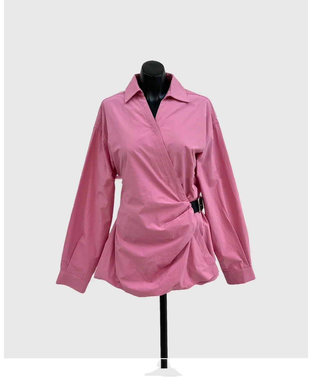 3 ألوان الخريف 2025 الكورية نمط رفض طوق قميص طويل الأكمام فضفاضة الدانتيل يصل حزام الخصر بلوزة الإناث أبلى القمم (JJ9920