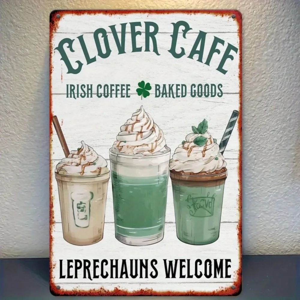 （2D Tin painting）Vintage St. Patrick‘s Day Cafe Metal Sign, 8x12 Inch Shamrock & Coffee Mug Design for Pub, Home, Porch Decor
