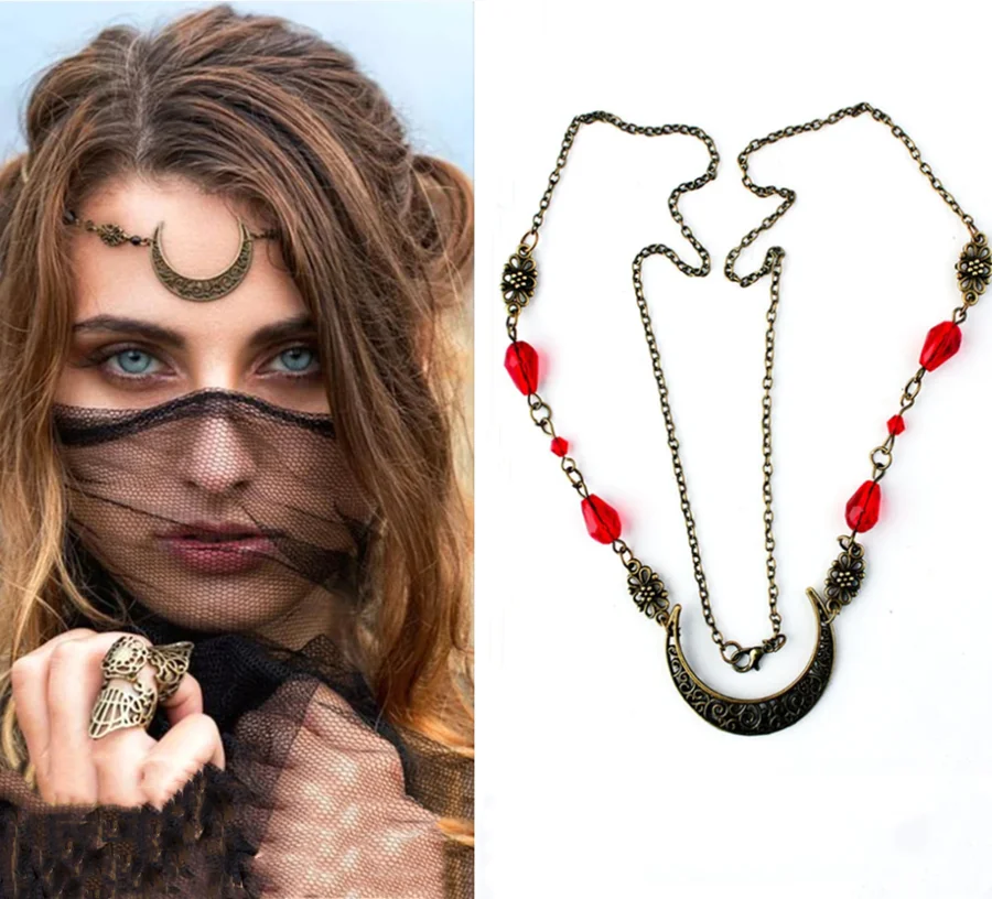 

2024 New Hollow moon pattern accessories head chain retro natural stone crystal beads hair accessories wedding headband female