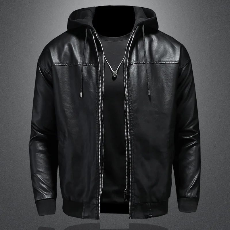 Leather Jacket Men's Autumn And Winter New Casual Hooded Jacket Handsome Locomotive Clothes Cotton Thickened Men's Jacket