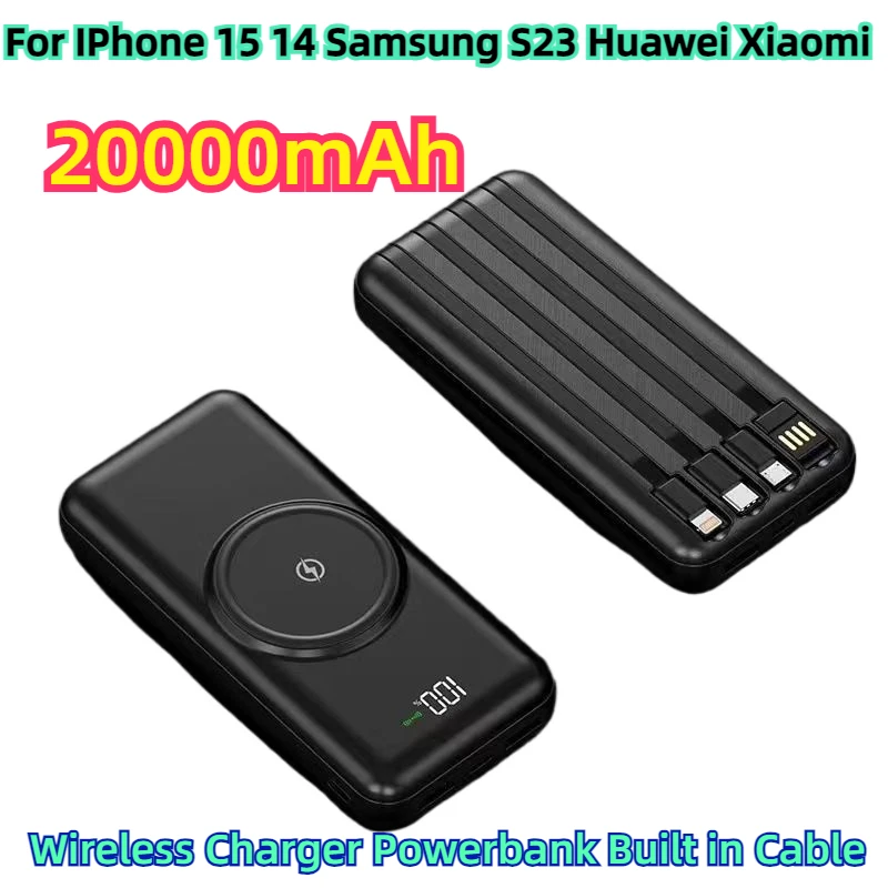 For IPhone 15 14 Samsung S23 Huawei Xiaomi  Ultra Slim Power Bank 20000mAh  Wireless Charger Powerbank Built in Cable