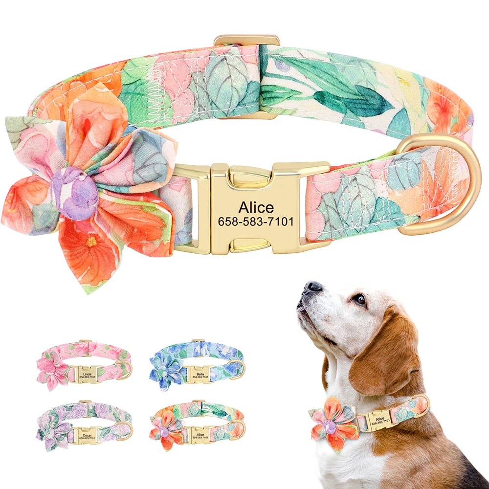 Nylon Personalized Dog Collar Print Dog Collars With Flower Custom Pet ID Necklace Adjustable For Small Medium Large Dogs Pug