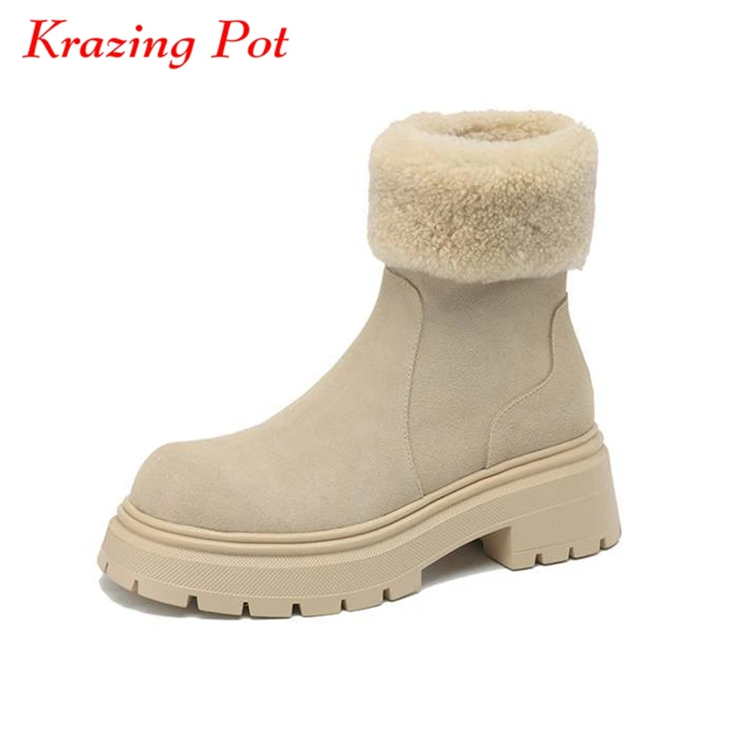 

Krazing Pot Cow Suede Round Toe Winter Warm Snow Boots Thick Bottom Punk Style Sweet Beauty European Design Young Ankle Boots