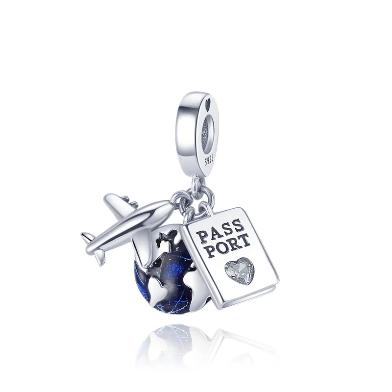 Colgante de Plata de Ley 925 con Dijes de Avión, Pasaporte y Tierra, Compatible con Pulseras Originales, Joyería de Viaje Exquisita para Mujer, Regalos DIY