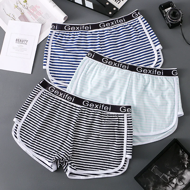 Sports Boxer Shorts For Men Cotton Fashion Striped Underpants Loose Comfortable Underwear Home Wear Pants Arrow Panties Cuecas