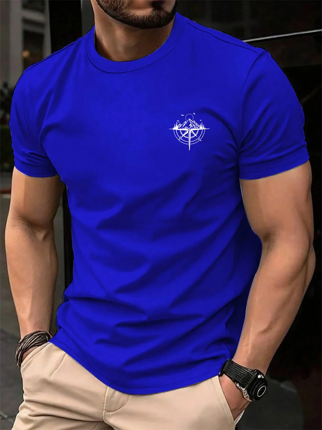Summer Men's 100% Pure Cotton Casual Fashion Mountain and Compass Print Loose and Comfortable Round Neck Short Sleeved T-Shirt