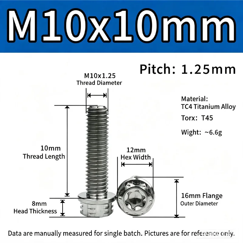 TC4 Titanium Alloy Bolt M10x10~50mm Pitch1.25/1.5mm External Hex Flange Torx Six-Lobe Head Screw For Motorcycle Engine Grade 5