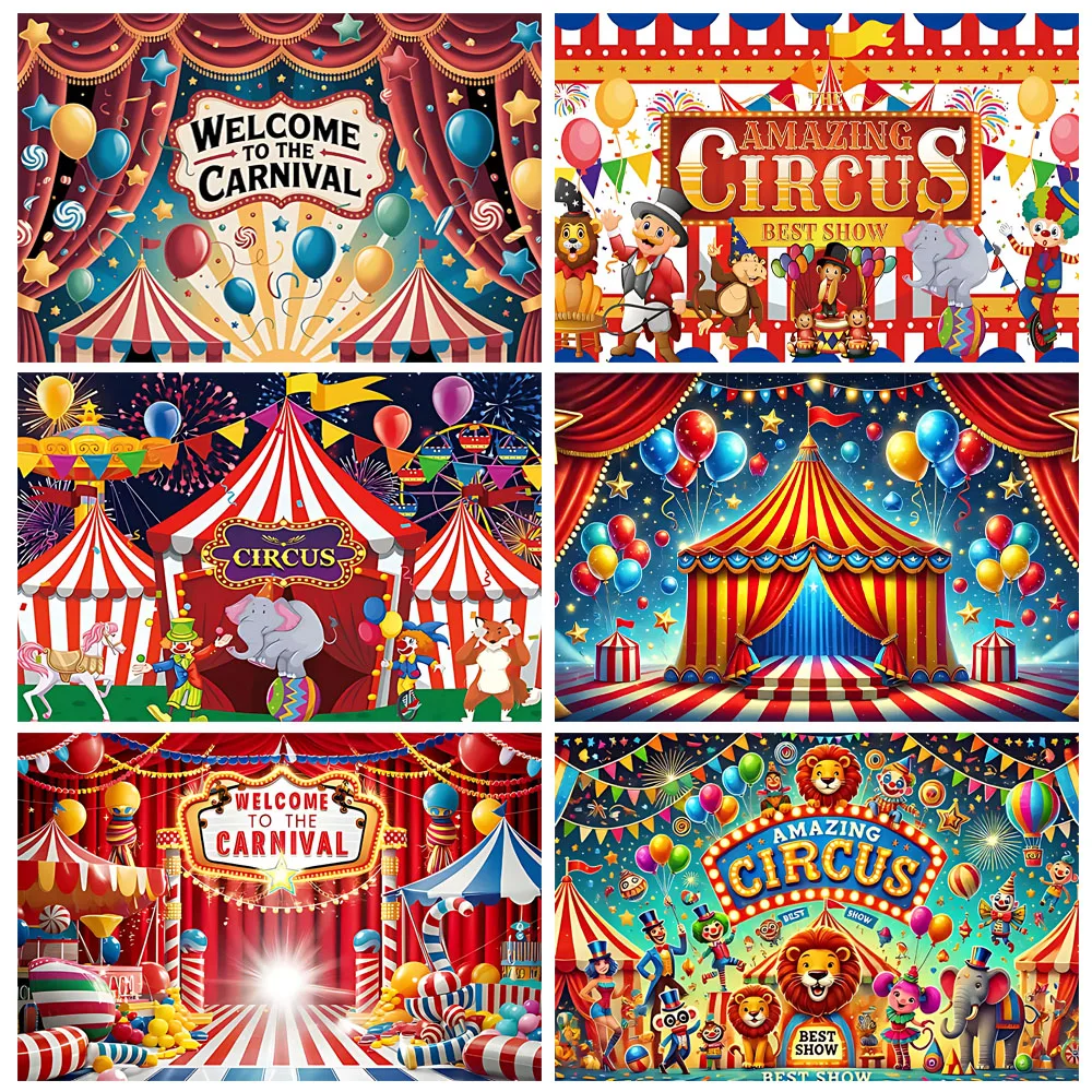 

Circus Carnival Theme Party Decoration Background Stage Curtain Balloon Clown Child Elephant Photo Studio Baby Shower Supplies