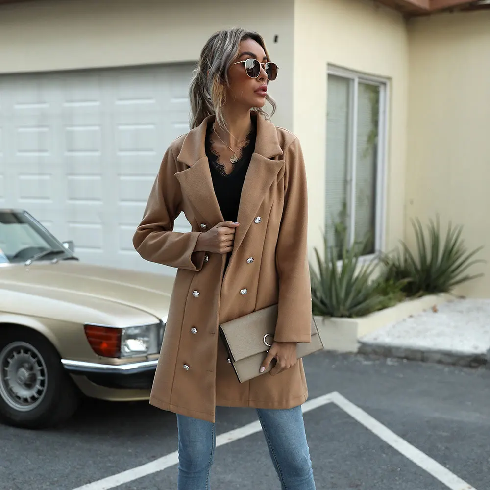 Casaco de lã feminino combina casaco duplo breasted longo terno trench outwear botão para baixo sólido quente outono inverno roupas elegante