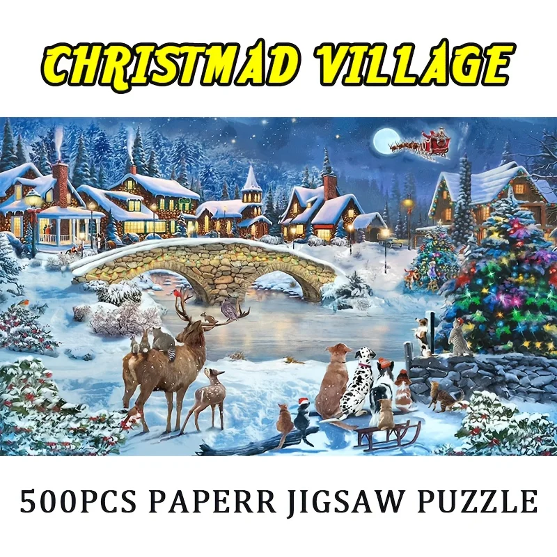 500pcs Christmas Town Jigsaw Puzzle Lively Festive Scene Finished Size 18x11 Inches Perfect Holiday Gift for Adults & Family Fun