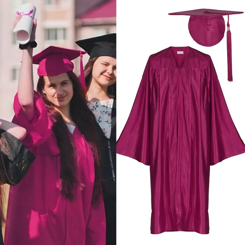 2025년 1세트 유니섹스 졸업 가운 모자 세트 V넥 루즈 태슬 연도 태그 대학 학사 박사 학위 졸업식 가운