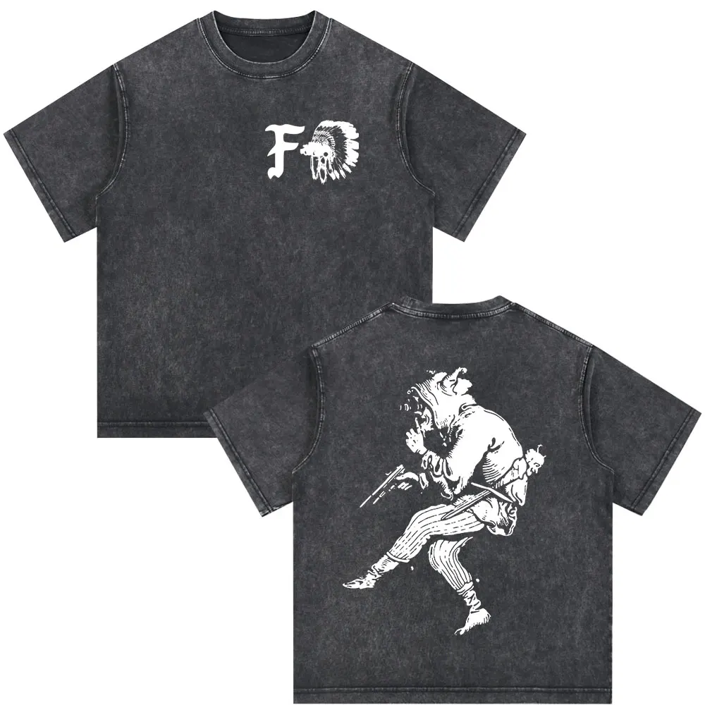 T-shirt à imprimé vintage délavé Forward Observations Group Skeleton, vêtements pour hommes, style rétro gothique, t-shirt décontracté surdimensionné, streetwear
