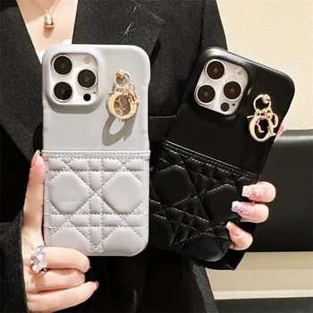 Trendy mektup kolye cep telefonu kılıfı elmas izgara kart moda koruyucu kılıf, iPhone 15 için Pro Max 14 13 12 Pro Max