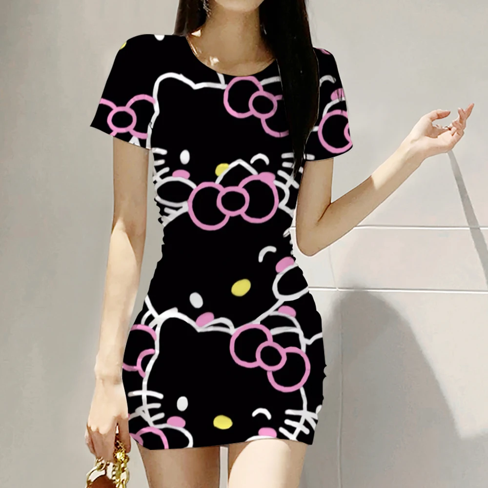 Women Dress Summer Fashion Sexy O-Neck Wrapped Hip Hello Kitty Print Women's Dress Printed Tight Sleeveless Short Dress