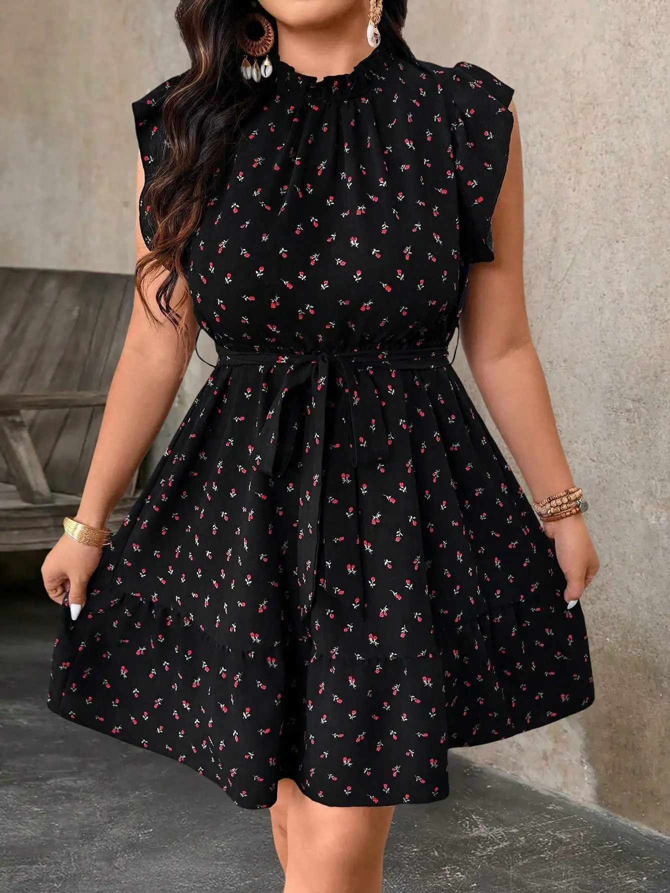 

Платье А-силуэта с цветочным принтом и рюшами по низу, повседневное, для отпуска, больших размеров