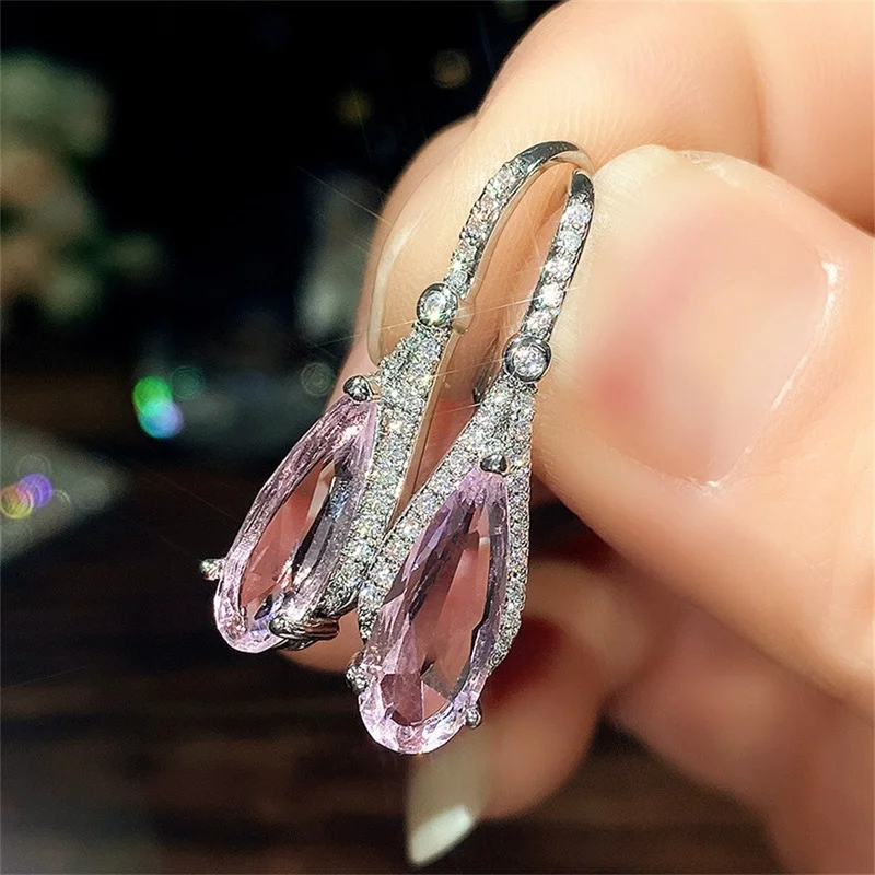 Luxury Pink CZ Pear Shaped Zircon Drop Earrings for Women Wedding Engagement Accessories Luxury Jewelry