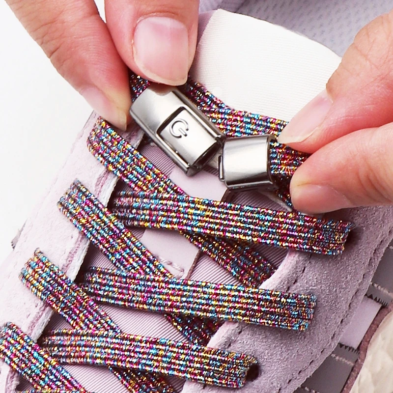 Elastic Flat Laces for Sneakers Tieless Stretchy Shoestrings Gold Glitter No Tie Shoelaces with Metal Press Lock for Adults Kids