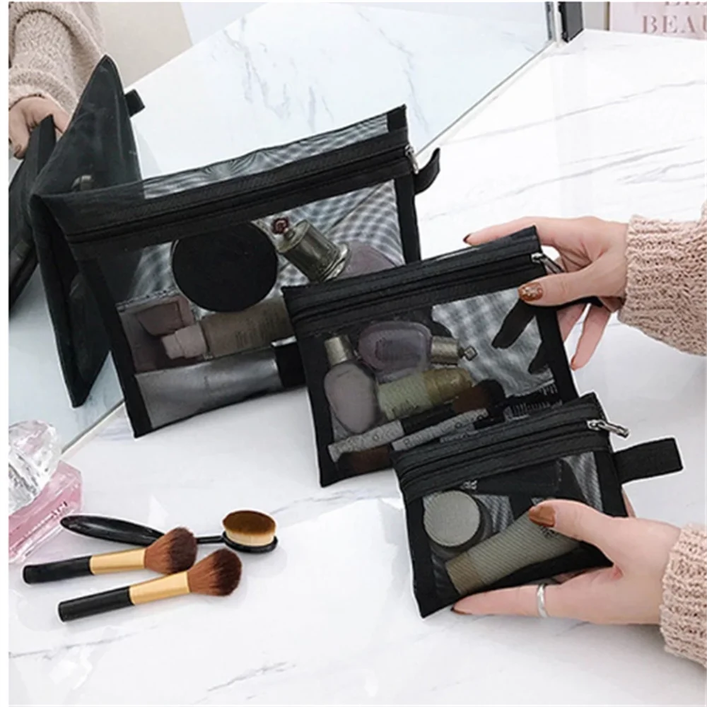 Portable Women Mesh Cosmetic Bag Travel Storage Makeup Bags Small Large Toiletry Beauty Case Organizer Female Make Up Pouch