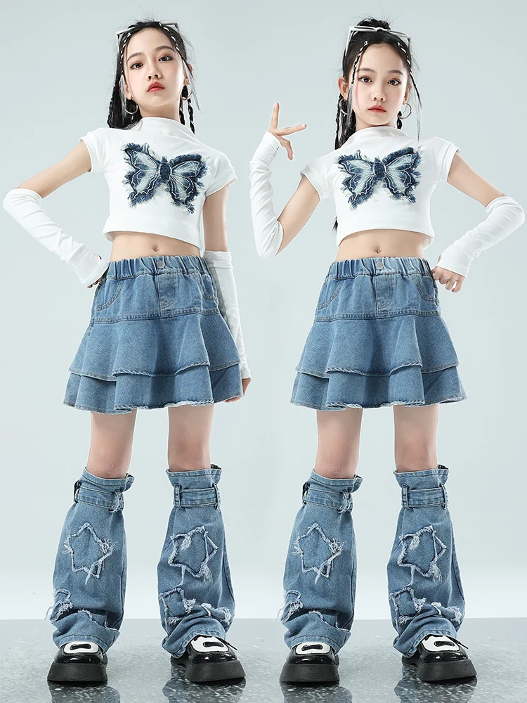 2024 Girls Jazz Dance Costume Summer Kpop White Navel Tops Denim Skirt Kids Cheerleading Performance Clothes Stage Outfit L12627