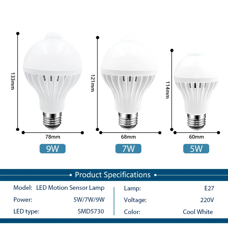 Bombilla Led de 3W, 5W, 7W, 9W, 12W, PIR, lámpara con Sensor de movimiento, CA de 220V, Led inteligente, PIR, luz de sonido corporal infrarroja, E27