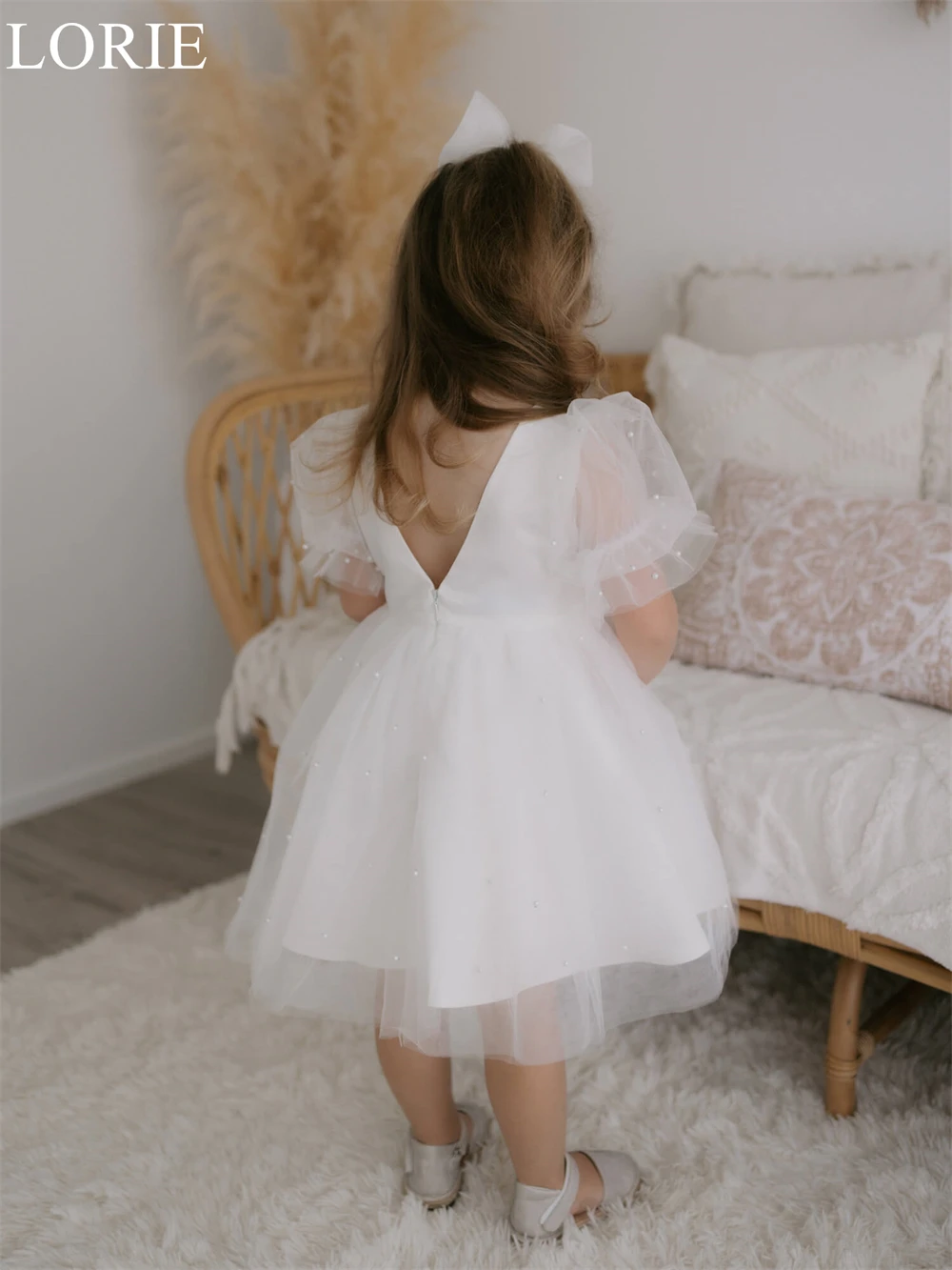 LORIE Cute Tulle Flower Girl Dresses A-Line Beading O-Neck Princess Wedding Party Dress Puff Sleeves Birthday Dress Customized