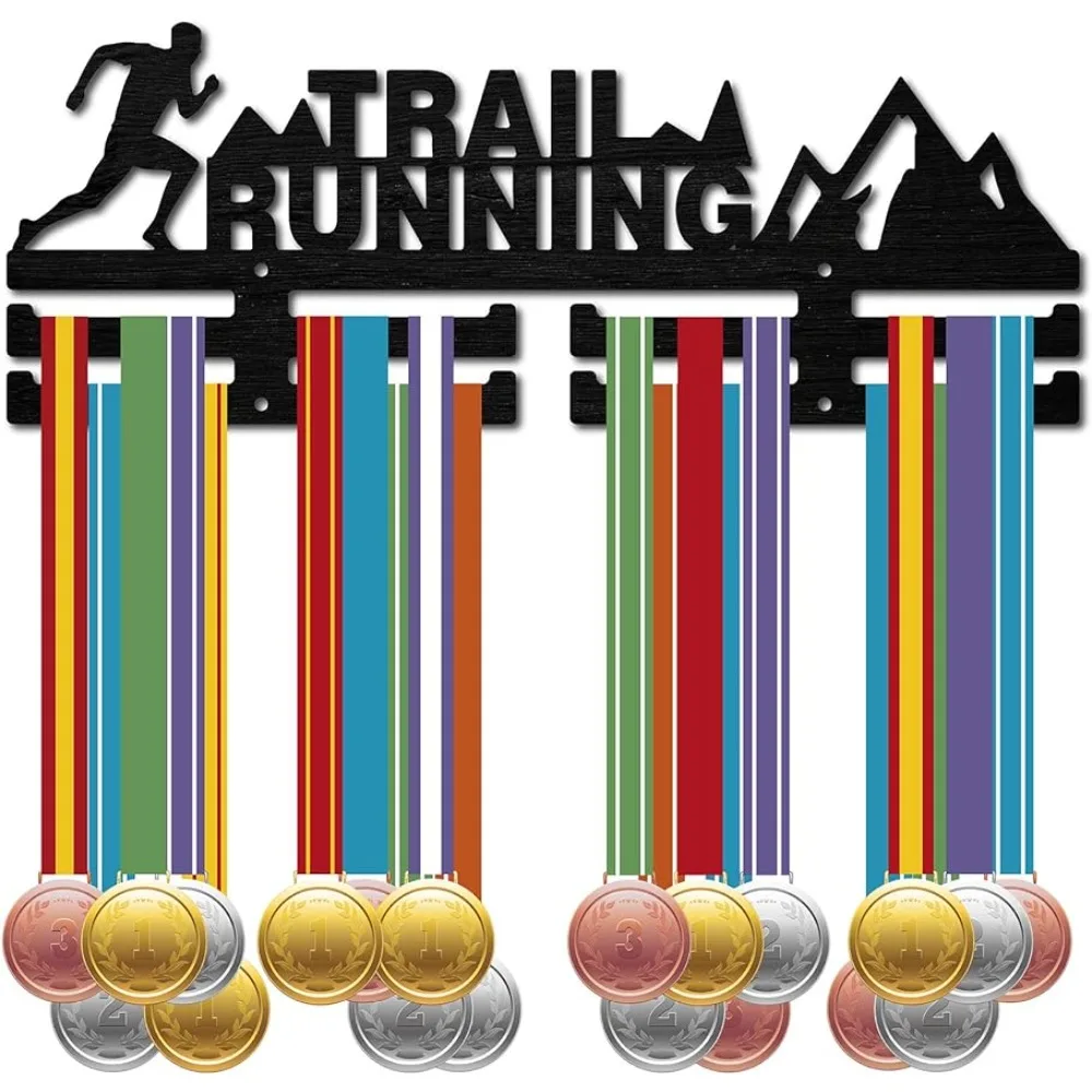 Trail Running Medal Hanger Display Sports Medal Holder Black Wood Competition Wall Hanging Rack Frame Hook Ribbon Display Run