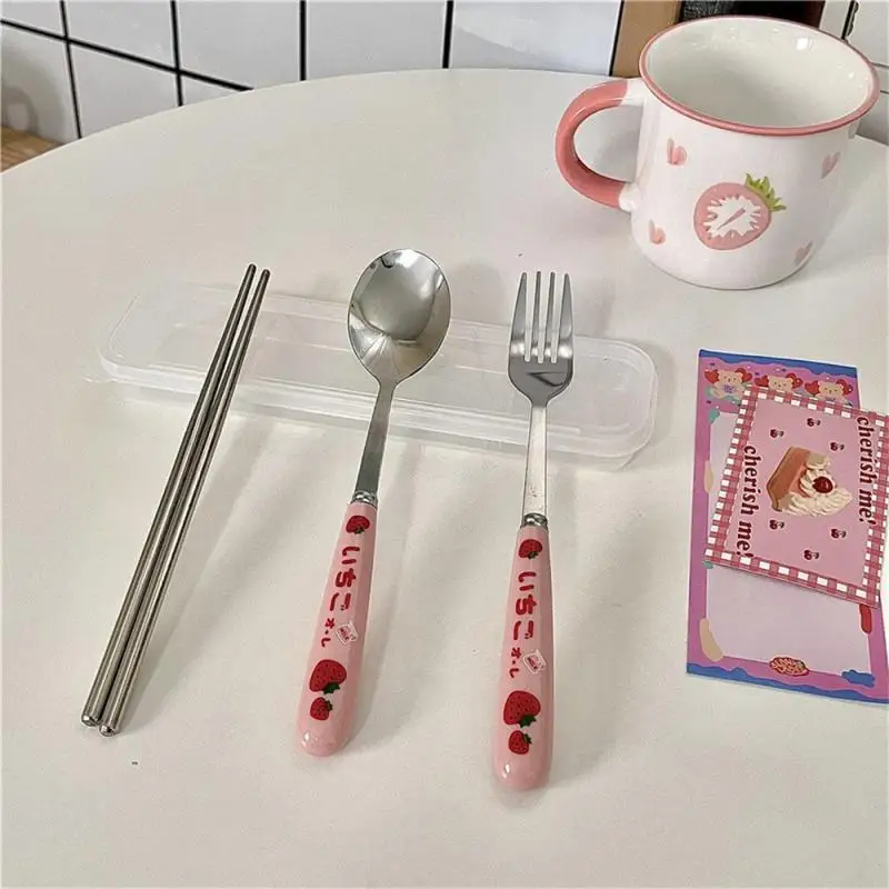 Tableware Set Portable Cutlery Set Dinnerware Set Strawberry Stainless Steel Knife Fork Spoon Travel Flatware With Box