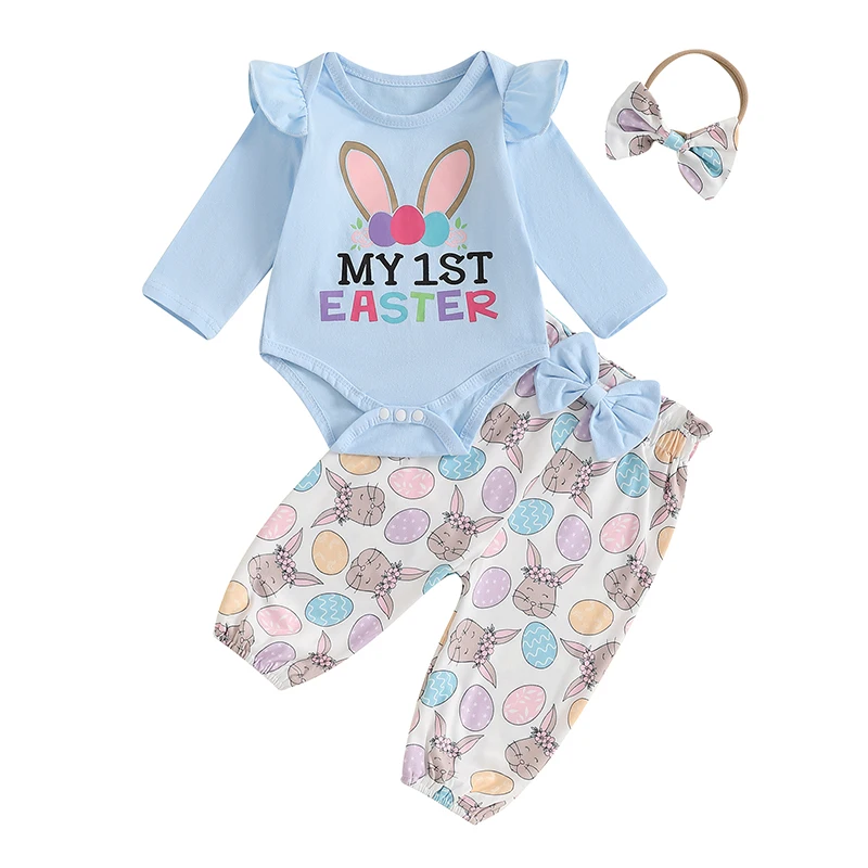 Baby Girls Easter Outfits Long Sleeve Romper Bunny Print Pants Headband Set Infant Clothes