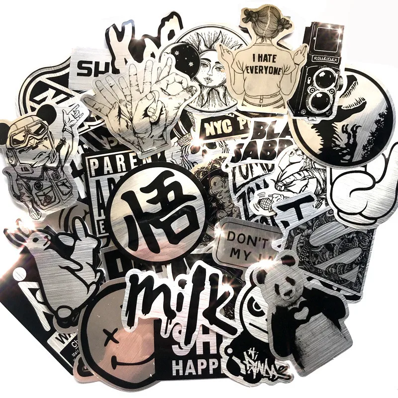 100/50 قطعة من ملصقات الملمس المعدني المصقول - تصاميم شعار العلامة التجارية ملابس الشارع، شارات جرافيتي منفعلة للقيثارات (متجر عوالم الرسوم المتحركة)